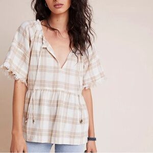 NWT Anthropologie Cream and Tan Plaid Blouse